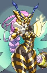 Rule 34 | 1girl, digimon, digimon (creature), female focus, long hair, mask, queenbeemon, solo, spikes