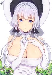Rule 34 | 1girl, absurdres, artist name, azur lane, band-width, bare shoulders, blue eyes, breasts, choker, cleavage, dress, elbow gloves, gloves, hair ornament, hand on own chest, hat, highres, illustrious (azur lane), lace-trimmed hat, lace trim, large breasts, long hair, looking at viewer, low twintails, mole, mole under eye, parted lips, signature, simple background, solo, strapless, strapless dress, sun hat, tree, twintails, white background, white dress, white gloves, white hair, white hat