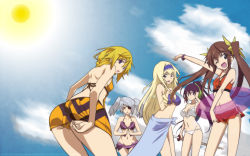 Rule 34 | 10s, 5girls, ;d, ass, bare back, bent over, bikini, blonde hair, blue eyes, blue sky, blush, brown eyes, brown hair, cecilia alcott, charlotte dunois, cloud, day, eyepatch, fang, highres, huang lingyin, infinite stratos, laura bodewig, looking at viewer, multiple girls, one eye closed, open mouth, outdoors, outstretched arms, ponytail, purple hair, shinonono houki, short hair, silver hair, sky, smile, standing, sun, sunlight, swimsuit, tooth, wallpaper