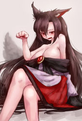 Rule 34 | 1girl, animal ears, bare shoulders, blush, breasts, cleavage, crossed legs, dress, fang, highres, hoshibuchi, imaizumi kagerou, large breasts, long hair, long sleeves, looking down, nail polish, off shoulder, open mouth, paw pose, red eyes, sitting, solo, tail, touhou, very long hair, wavy mouth, wide sleeves, wolf ears, wolf tail