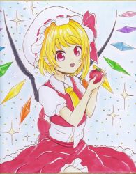 Rule 34 | 1girl, apple, ascot, blonde hair, bow, flandre scarlet, food, fruit, hat, hat bow, kotarou (yukina1721), mob cap, open mouth, pointy ears, puffy short sleeves, puffy sleeves, red eyes, shirt, short sleeves, side ponytail, skirt, skirt set, smile, solo, touhou, traditional media, vest, wings