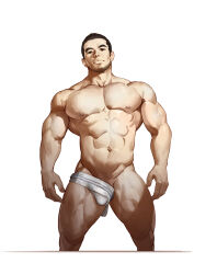 Rule 34 | 1boy, abs, bara, black hair, bulge, closed mouth, covered penis, facial hair, highres, large pectorals, looking at viewer, male focus, male underwear, muscular, muscular male, navel, nipples, original, pectorals, selkiro, short hair, simple background, solo, thick thighs, thighs, underwear, underwear around one leg, white background, white male underwear