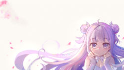 Rule 34 | 1girl, ahoge, azur lane, blunt bangs, breasts, cleavage, commentary request, detached sleeves, double bun, hair bun, hair ribbon, highres, long hair, looking at viewer, petals, purple eyes, purple hair, ribbon, sidelocks, simple background, solo, unicorn (azur lane), unicorn (little star songstress) (azur lane), white background, wind, xiao shi lullaby