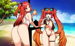 Rule 34 | ass, beach, breasts, cleavage, expressionless, flat chest, food, highres, ice cream, large breasts, last origin, may of doom, navel, night angel (last origin), one-piece swimsuit, open mouth, purple eyes, red eyes, red hair, slingshot swimsuit, sni (qkrrjsdn03), swimsuit, thighs, twintails