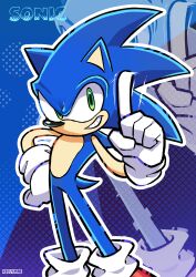 Rule 34 | 1boy, absurdres, artist name, blue background, character name, commentary request, furry, furry male, gloves, green eyes, hand on own hip, highres, index finger raised, kellymae, male focus, outline, smirk, sonic (series), sonic the hedgehog, tail, white gloves, white outline, zoom layer