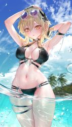 Rule 34 | 1girl, armpits, arms up, bikini, black bikini, blonde hair, blush, breasts, cleavage, eyewear on head, genshin impact, hair between eyes, hair ornament, hand on own head, highres, in water, large breasts, looking at viewer, lumine (genshin impact), medium hair, navel, outdoors, parted lips, partially submerged, pottsness, solo, sunglasses, swimsuit, thigh strap, thighs, water, wet, yellow eyes