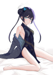 Rule 34 | 1girl, absurdres, ailae, bare legs, barefoot, bed sheet, black dress, black hair, blue archive, blush, braid, braided bun, breasts, butterfly hair ornament, china dress, chinese clothes, coat, covered navel, double bun, dragon print, dress, feet, gloves, grey eyes, hair bun, hair ornament, halo, highres, kisaki (blue archive), looking at viewer, medium breasts, open clothes, open coat, sitting, striped, striped coat, taut clothes, taut dress, wariza