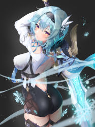Rule 34 | 1girl, absurdres, aqua hair, artist request, ass, bare shoulders, black thighhighs, blue necktie, blush, breasts, eula (genshin impact), flower, from above, from behind, genshin impact, gloves, hair flower, hair ornament, hairband, highres, ice, large breasts, long hair, looking at viewer, looking back, looking up, necktie, parted lips, shiny clothes, shiny skin, short shorts, shorts, sideboob, solo, sword, thighhighs, weapon, yellow eyes