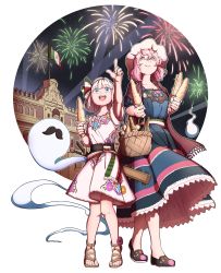 Rule 34 | 2girls, absurdres, bare legs, basket, blue eyes, blunt bangs, brown footwear, corn, dress, facial hair, fireworks, food request, glass bottle, highres, konpaku youmu, konpaku youmu (ghost), mefomefo, mexican dress, mexican flag, mexico, multicolored clothes, multiple girls, mustache, night, night sky, open mouth, pointing, saigyouji yuyuko, sandals, short hair, sky, smile, standing, tagme, touhou, white dress, white hair