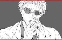Rule 34 | 1boy, anger vein, collared shirt, expressionless, formal, gnb01, goggles, highres, jacket, jujutsu kaisen, lips, looking at viewer, male focus, monochrome, nanami kento, portrait, shirt, short hair, solo, suit, suit jacket