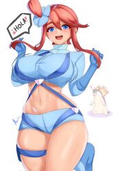 ! 1girl 2024_pokemon_teraleak :d anisdrawn blue_eyes blue_footwear blue_shirt blue_shorts boots breasts commentary creatures_(company) crop_top english_commentary game_freak gen_2_pokemon highres large_breasts long_hair looking_at_viewer midriff navel nintendo open_mouth pokemon pokemon_(creature) pokemon_bw red_hair shirt short_shorts shorts sidelocks simple_background skyla_(pokemon) smile spanish_text speech_bubble stomach thigh_strap thighs typhlosion white_background