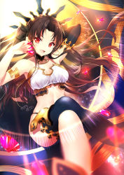 Rule 34 | 1girl, :d, armlet, armpits, arms up, between fingers, bikini, black bikini, black ribbon, black thighhighs, blurry, blush, breasts, brown hair, cleavage, collar, collarbone, commentary request, crossed legs, crown, depth of field, detached sleeves, fate/grand order, fate (series), gem, glint, hair ribbon, heavenly boat maanna, holding, ishtar (fate), kagachi saku, long hair, long legs, long sleeves, looking at viewer, medium breasts, mismatched bikini, navel, open mouth, parted bangs, revision, ribbon, signature, single detached sleeve, single thighhigh, sitting, skindentation, smile, solo, strapless, strapless bikini, swimsuit, thighhighs, two side up, white bikini