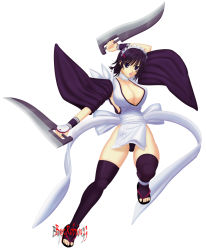 Rule 34 | 1girl, black hair, breasts, cleavage, dual wielding, full body, highres, holding, holding weapon, iroha (samurai spirits), jumping, large breasts, leotard, leotard under clothes, maid, maid headdress, open mouth, samurai spirits, snk, solo, strapless, strapless leotard, sword, thighhighs, thong leotard, weapon, wide hips