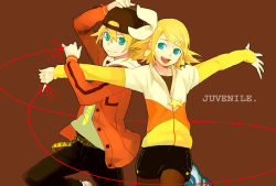Rule 34 | 1boy, 1girl, baseball cap, blonde hair, blue eyes, brother and sister, casual, earrings, habuki, hair ornament, hair ribbon, hairclip, hat, jewelry, juvenile (vocaloid), kagamine len, kagamine rin, pantyhose, pantyhose under shorts, ribbon, short hair, shorts, siblings, smile, string, string of fate, twins, vocaloid