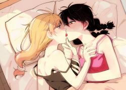 Rule 34 | 2girls, bed, bed sheet, black camisole, black hair, blonde hair, blush, braid, grabbing another&#039;s breast, camisole, commentary request, french kiss, from above, grabbing, keita (o4510 9chi9), kiss, long hair, low-tied long hair, multiple girls, on bed, original, pillow, pink camisole, shoulder blades, sweat, twin braids, under covers, upper body, yuri