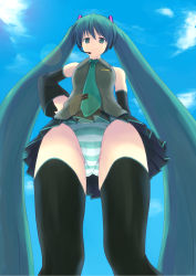 Rule 34 | 1girl, aqua eyes, aqua hair, bad id, bad pixiv id, bandaid, bare shoulders, black thighhighs, cloud, day, detached sleeves, green eyes, green hair, hachimitsu, hachimitsu (gts), hachimitsu (hachimitsu pot), hachimitsu pot, hand on own hip, hatsune miku, highres, long hair, matching hair/eyes, necktie, panties, pantyshot, see-through, skirt, sky, smile, solo, striped clothes, striped panties, thighhighs, twintails, underwear, upskirt, very long hair, vocaloid