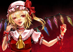 Rule 34 | 1girl, arm up, ascot, blonde hair, choker, dress, fangs, female focus, flandre scarlet, hand in own hair, hat, hat ribbon, katerine9, kurosaki saori, open mouth, outstretched arm, petals, red dress, red eyes, ribbon, ribbon choker, sawori (katherine9), side ponytail, slit pupils, solo, embodiment of scarlet devil, touhou, upper body, wings, wrist cuffs, wrist ribbon