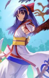 Rule 34 | 1girl, ainu clothes, ass, breasts, clenched hand, fingerless gloves, gloves, hair ribbon, highres, legs, long hair, looking at viewer, looking back, mamahaha, nakoruru, pants, purple eyes, purple hair, ribbon, samurai spirits, small breasts, smile, snk, the king of fighters, thighs, weapon
