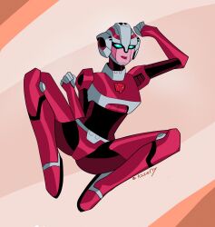 Rule 34 | 1girl, arcee, autobot, azzertyimages, blue eyes, boots, breasts, helmet, highres, humanoid robot, medium breasts, pink lips, robot, robot girl, science fiction, solo, spread legs, transformers, transformers animated