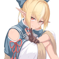 Rule 34 | 1girl, blonde hair, blue eyes, brown gloves, commentary request, dark-skinned female, dark skin, eihire, elf, gloves, hair between eyes, hair ribbon, highres, hololive, long hair, long sleeves, looking at viewer, multicolored hair, partially fingerless gloves, pointy ears, red eyes, ribbon, shiranui flare, shiranui flare (old design), simple background, sitting, smile, solo, streaked hair, v, virtual youtuber, white background, white hair