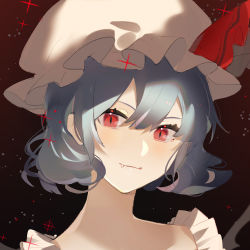 Rule 34 | 1girl, blue hair, chinese commentary, closed mouth, commentary request, eyebrows hidden by hair, fang, fang out, hat, hat ribbon, jaggy lines, looking at viewer, mob cap, portrait, red eyes, red ribbon, remilia scarlet, ribbon, satonishi, short hair, slit pupils, smile, solo, touhou, white hat