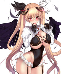 Rule 34 | 1girl, :d, angel, angel wings, black gloves, black leotard, black thighhighs, black wings, blonde hair, blush, breasts, commentary request, elbow gloves, fallen angel, feathers, frills, garter straps, gloves, glowing, hair ribbon, horns, large breasts, leotard, long hair, looking at viewer, mole, mole on breast, open mouth, original, red eyes, ribbon, shrug (clothing), simple background, smile, solo, thigh strap, thighhighs, thighs, twintails, untue, very long hair, white background, white ribbon, wings