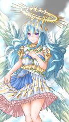 Rule 34 | 10s, 1girl, absurdres, angel, angel wings, blue hair, blush, breasts, bridal veil, cleavage, cowboy shot, dress, duku (hus7788950), feathered wings, gradient background, halo, hand on own chest, highres, large breasts, layered dress, light blue hair, light smile, looking at viewer, monster strike, multiple wings, petticoat, pleated skirt, purple eyes, raphael (monster strike), skirt, skirt hold, smile, solo, standing, strapless, strapless dress, veil, wings