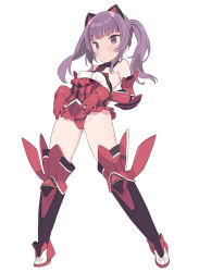 Rule 34 | 1girl, alice gear aegis, animal ears, armored boots, bare shoulders, blade (galaxist), blush, boots, breasts, commentary request, elbow gloves, fake animal ears, frills, gloves, ichijou ayaka, leotard, purple eyes, purple hair, red gloves, red leotard, small breasts, solo, twintails, white background
