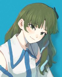 Rule 34 | 1girl, blue background, blush, collared shirt, commentary request, detached sleeves, frog hair ornament, green eyes, green hair, hair ornament, head tilt, highres, kochiya sanae, looking at viewer, nontraditional miko, shiratama (hockey), shirt, simple background, sleeveless, sleeveless shirt, smile, snake hair ornament, solo, touhou, upper body, white shirt