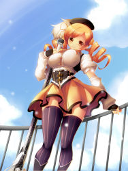 Rule 34 | 10s, 1girl, bad id, bad pixiv id, beret, blonde hair, blue sky, breasts, cloud, corset, day, drill hair, fingerless gloves, gloves, gun, hat, koflif, large breasts, magical girl, magical musket, mahou shoujo madoka magica, mahou shoujo madoka magica (anime), rail, railing, rifle, sky, smile, solo, striped clothes, striped thighhighs, thighhighs, tomoe mami, twin drills, twintails, vertical-striped clothes, vertical-striped thighhighs, weapon, yellow eyes, zettai ryouiki