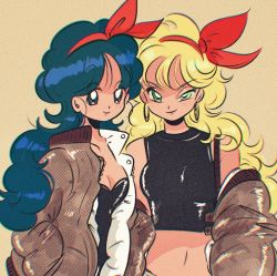 Rule 34 | 2girls, bare shoulders, blonde hair, blue eyes, blue hair, breasts, chromatic aberration, cleavage, closed mouth, crop top, curly hair, dragon ball, dual persona, earrings, green eyes, hair ribbon, hairband, hoop earrings, jacket, jewelry, long hair, looking at viewer, lunch (bad) (dragon ball), lunch (dragon ball), lunch (good) (dragon ball), midriff, moricky, multiple girls, navel, off shoulder, red ribbon, ribbon, smile, tank top, upper body