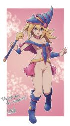 Rule 34 | blonde hair, boots, cleft of venus, dark magician girl, green eyes, hexagram, highres, lamb-oic029, magical girl, nude filter, open mouth, pussy, simple background, star of david, tagme, third-party edit, uncensored, wand, yu-gi-oh!, yu-gi-oh! duel monsters