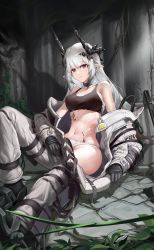 Rule 34 | 1girl, absurdres, ace (acedelingmeng), ankle boots, arknights, bare shoulders, black footwear, black gloves, boots, breasts, cleavage, commentary request, earrings, gloves, highres, horns, infection monitor (arknights), jewelry, large breasts, light rays, long hair, long sleeves, looking at viewer, material growth, mudrock (arknights), navel, off shoulder, on ground, open clothes, oripathy lesion (arknights), panties, parted lips, pillar, plant, pointy ears, red eyes, ruins, shoes, signature, silver hair, sitting, solo, sports bra, stomach, toned, underwear, very long hair, white panties