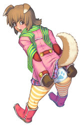 Rule 34 | 1girl, animal ears, ass, bent over, blush, boots, brown eyes, brown hair, clothes lift, coat, covering ass, covering privates, dog ears, embarrassed, full body, green scarf, looking back, maruta kentarou, microskirt, mittens, orange thighhighs, panties, paw print, plaid, plaid skirt, pleated skirt, print panties, red footwear, scarf, short hair, simple background, skirt, skirt lift, skirt tug, solo, standing, striped clothes, striped scarf, striped thighhighs, tail, thighhighs, underwear, white background, white panties