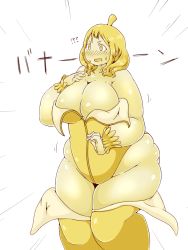 Rule 34 | !?, 1girl, artist request, banana, banana costume, bare shoulders, blonde hair, blush, breasts, character request, cleavage, copyright request, fat, food, food girl, fruit, izumi frog, large breasts, open mouth, solo, thick thighs, thighs, transformation, weight gain, yellow eyes