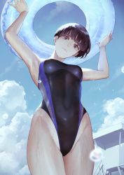 Rule 34 | 1girl, black hair, blunt bangs, breasts, closed mouth, commentary request, competition swimsuit, covered navel, day, highleg, highleg swimsuit, highres, holding, holding swim ring, innertube, kaoming, looking at viewer, looking down, medium breasts, one-piece swimsuit, original, outdoors, purple eyes, shakujii tsubasa, short hair, sky, smile, solo, standing, swim ring, swimsuit, wet, wide hips