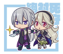 1boy 1girl aristocratic_clothes black_hairband butler corrin_(female)_(fire_emblem) corrin_(fire_emblem) fire_emblem fire_emblem_fates grey_hair hairband hiyori_(rindou66) jakob_(fire_emblem) knife low_ponytail nintendo ponytail tuxedo_shirt