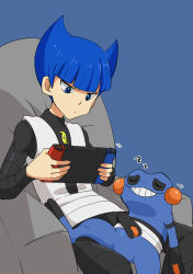 Rule 34 | 1boy, black pants, black shirt, blue eyes, blue hair, blunt bangs, chair, closed mouth, commentary request, creatures (company), croagunk, game freak, gen 4 pokemon, handheld game console, holding, holding handheld game console, kono2noko, logo, looking down, male focus, nintendo, nintendo switch, on lap, pants, playing games, pokemon, pokemon (creature), pokemon dppt, pokemon on lap, saturn (pokemon), shirt, short hair, sitting, sleeping, team galactic, team galactic uniform, vest, white vest, zzz
