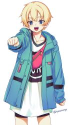 1girl :d bag bike_shorts blonde_hair blue_eyes blue_jacket chromatic_aberration cowboy_shot highres hood hood_down hooded_jacket iris_(ryou@ryou) jacket open_clothes open_jacket open_mouth original print_shirt raised_fist ryou@ryou shirt short_hair simple_background smile solo white_background zipper zipper_pull_tab