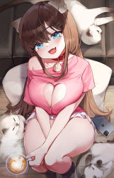 Rule 34 | 1girl, :d, animal, animal ears, bare shoulders, black socks, blue eyes, breasts, brown hair, cat, cat ears, cat girl, cleavage, cleavage cutout, clothing cutout, collar, cup, fang, from above, hair ornament, hairclip, head tilt, heart cutout, highres, holding, kokko (kokko3045), large breasts, long hair, looking at viewer, looking up, microskirt, mug, off shoulder, open mouth, original, pink shirt, pleated skirt, shirt, short sleeves, skirt, smile, socks, solo, steam, thighs, very long hair, white cat, white skirt, x hair ornament