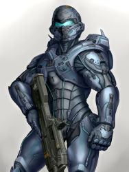 Rule 34 | 1boy, armor, battle rifle, br55, bullpup, clenched hand, cowboy shot, grey background, gun, halo (series), halo 5: guardians, hdfm, highres, holding, holding gun, holding weapon, jameson locke, looking ahead, male focus, power armor, rifle, science fiction, solo, spartan (halo), visor, weapon
