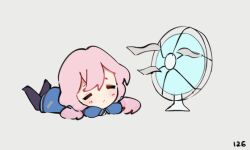 Rule 34 | 1girl, = =, animated, animated gif, arknights, blue jacket, blue poison (arknights), chibi, closed eyes, electric fan, jacket, long hair, low twintails, lying, numbered, on stomach, pink hair, ruri (dailybloopy), simple background, solo, twintails, white background