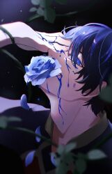 Rule 34 | 1boy, ant (an netsu), blue eyes, blue flower, blue hair, blue lock, blue rose, commentary request, flower, hand on own face, hand up, highres, isagi yoichi, leaf, looking at viewer, male focus, paint, petals, plant, rose, short hair, sideways glance, solo, vines