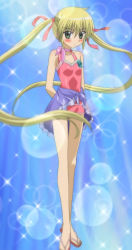 Rule 34 | 00s, arms behind back, blonde hair, blush, casual one-piece swimsuit, choker, diffraction spikes, green eyes, hair ribbon, halterneck, hayate no gotoku!, highres, lens flare, lens flare abuse, long hair, non-web source, one-piece swimsuit, ribbon, ribbon choker, sandals, sanzen&#039;in nagi, sarong, screencap, solo, stitched, swimsuit, third-party edit, twintails