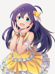 Rule 34 | 1girl, ahoge, arm ribbon, bare shoulders, blush, breasts, dot nose, dress, green eyes, grey background, hair between eyes, hands up, highres, idolmaster, idolmaster million live!, idolmaster million live! theater days, long hair, looking at viewer, mochizuki anna, open mouth, orange wristband, plaid, plaid dress, plaid ribbon, purple hair, ribbon, simple background, sleeveless, sleeveless dress, small breasts, smile, solo, upper body, white ribbon, wing hair ornament, yellow dress, yoshika (music480069)