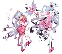 Rule 34 | 1girl, absurdres, amano meme, blue hair, dress, garter straps, hair ornament, heart, heart hair ornament, highres, lobotomy corporation, looking at viewer, magical girl, multiple views, pink dress, pink footwear, pink skirt, pleated dress, project moon, queen of hatred, shaded face, shoes, simple background, single wrist cuff, skirt, thighhighs, two side up, v, white background, white thighhighs, wrist cuffs, yellow eyes