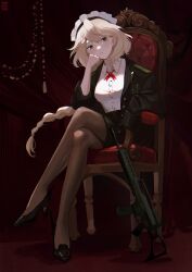 Rule 34 | 1girl, absurdres, aqua eyes, arm support, artist name, assault rifle, black jacket, black pantyhose, black skirt, blonde hair, braid, chair, collared shirt, commentary, french braid, full body, g36 (girls&#039; frontline), g36 (mod3) (girls&#039; frontline), girls&#039; frontline, gun, h&amp;k g36, high heels, highres, jacket, maid, maid headdress, pantyhose, pencil skirt, rifle, shirt, shoes, sitting, skirt, solo, symbol-only commentary, tangerine 93, weapon, white shirt