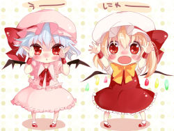 Rule 34 | 2girls, :d, bat wings, blonde hair, blue hair, bow, chibi, dress, fang, flandre scarlet, hair between eyes, hair bow, hat, highres, kamifanta123, mob cap, multiple girls, open mouth, pink dress, red bow, red dress, red eyes, remilia scarlet, short hair, short sleeves, smile, touhou, uu~, wings, wrist cuffs