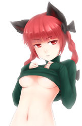 Rule 34 | 1girl, animal ears, bow, braid, breasts, cat ears, cat girl, clothes lift, female focus, green shirt, hair bow, kaenbyou rin, long hair, long sleeves, looking at viewer, midriff, navel, no bra, open mouth, out-of-frame censoring, parted lips, red eyes, red hair, ricegnat, shirt, shirt lift, short hair, solo, sweater, touhou, turtleneck, twin braids, twintails, underboob, upper body, white background
