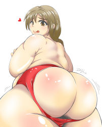 Rule 34 | 1girl, ass, ass cutout, backless panties, brown eyes, brown hair, butt crack, clothing cutout, fat, female focus, from behind, huge ass, licking lips, long hair, looking at viewer, looking back, moka (hyakkuhana), mole, original, panties, red panties, simple background, solo, standing, thick thighs, thighs, tongue, tongue out, underwear, white background